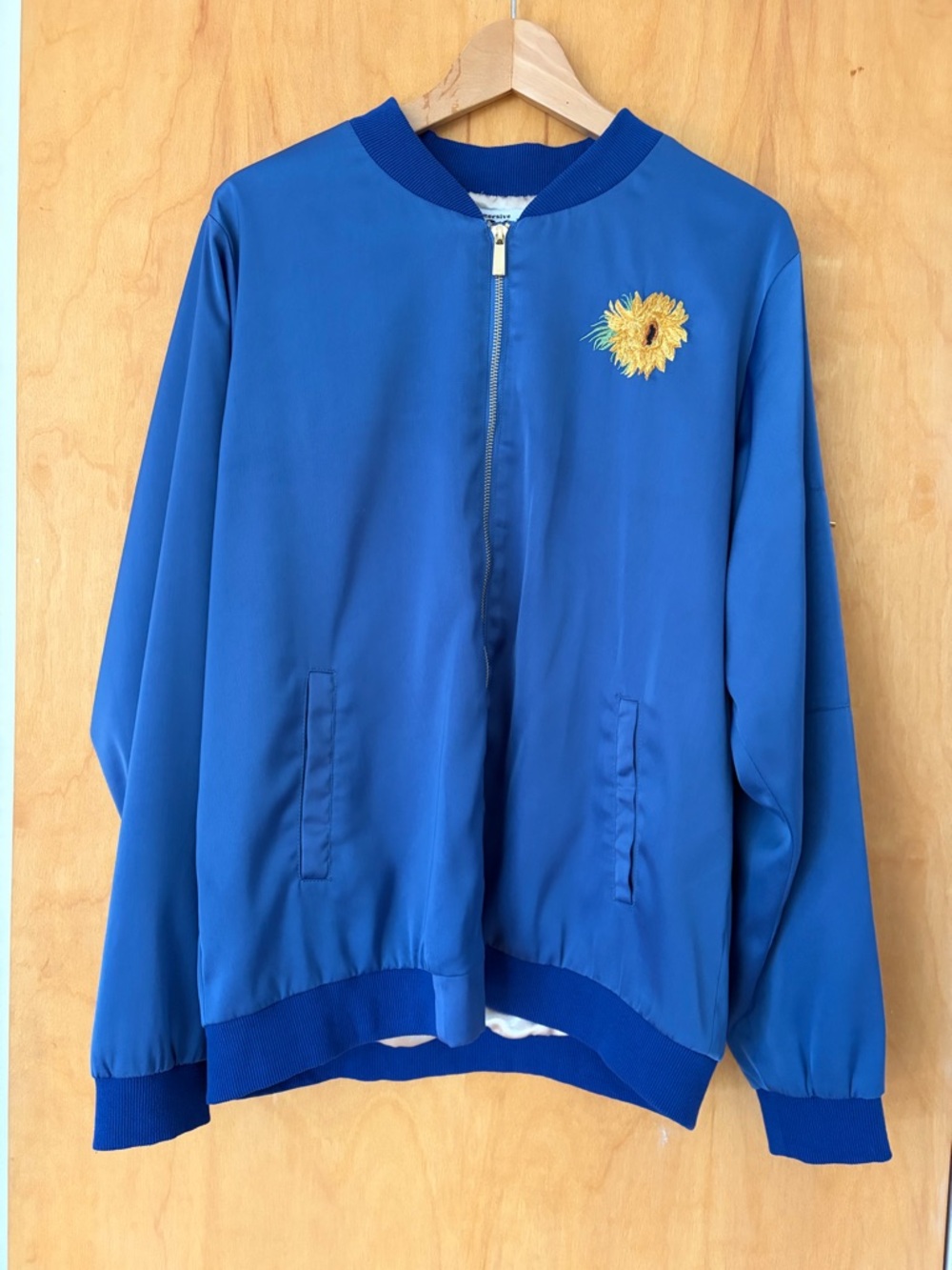 Blue Bomber Jacket with Sunflower Embroidery